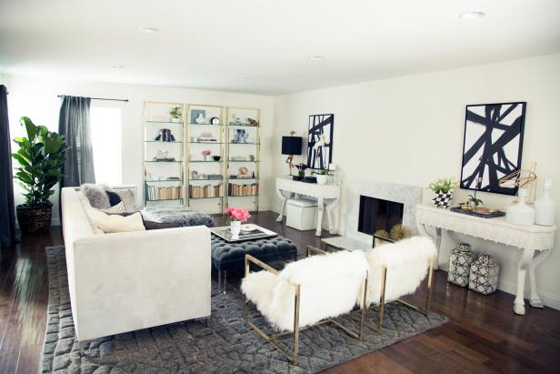 Bright White Contemporary Living Room with Custom PIeces | HGTV