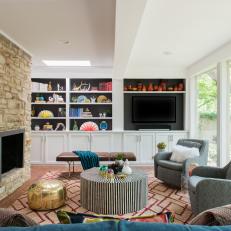 Rustic Fireplace in Midcentury Modern Living Room