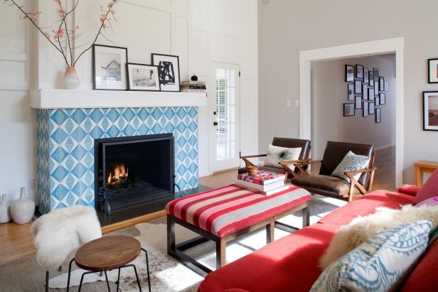 Bright Colors and bold Patterns Pop in Living Room 