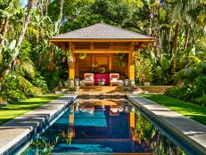 Asian Garden Folly With Cushioned Seating and Lap Pool