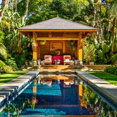 Asian Garden Folly With Cushioned Seating and Lap Pool