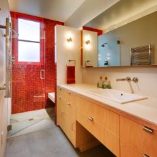 Modern Master Bathroom with Sleek Orange Glass Shower 