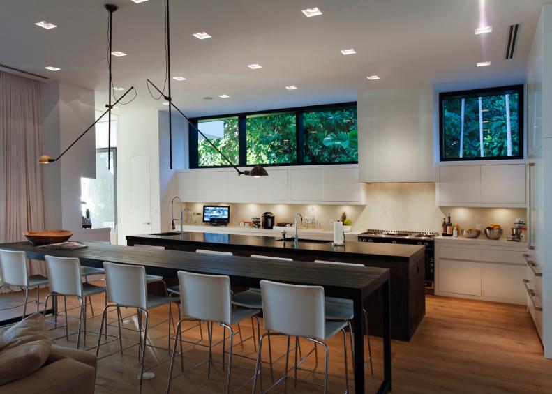 White, Modern Kitchen With Island, Long Dining Table
