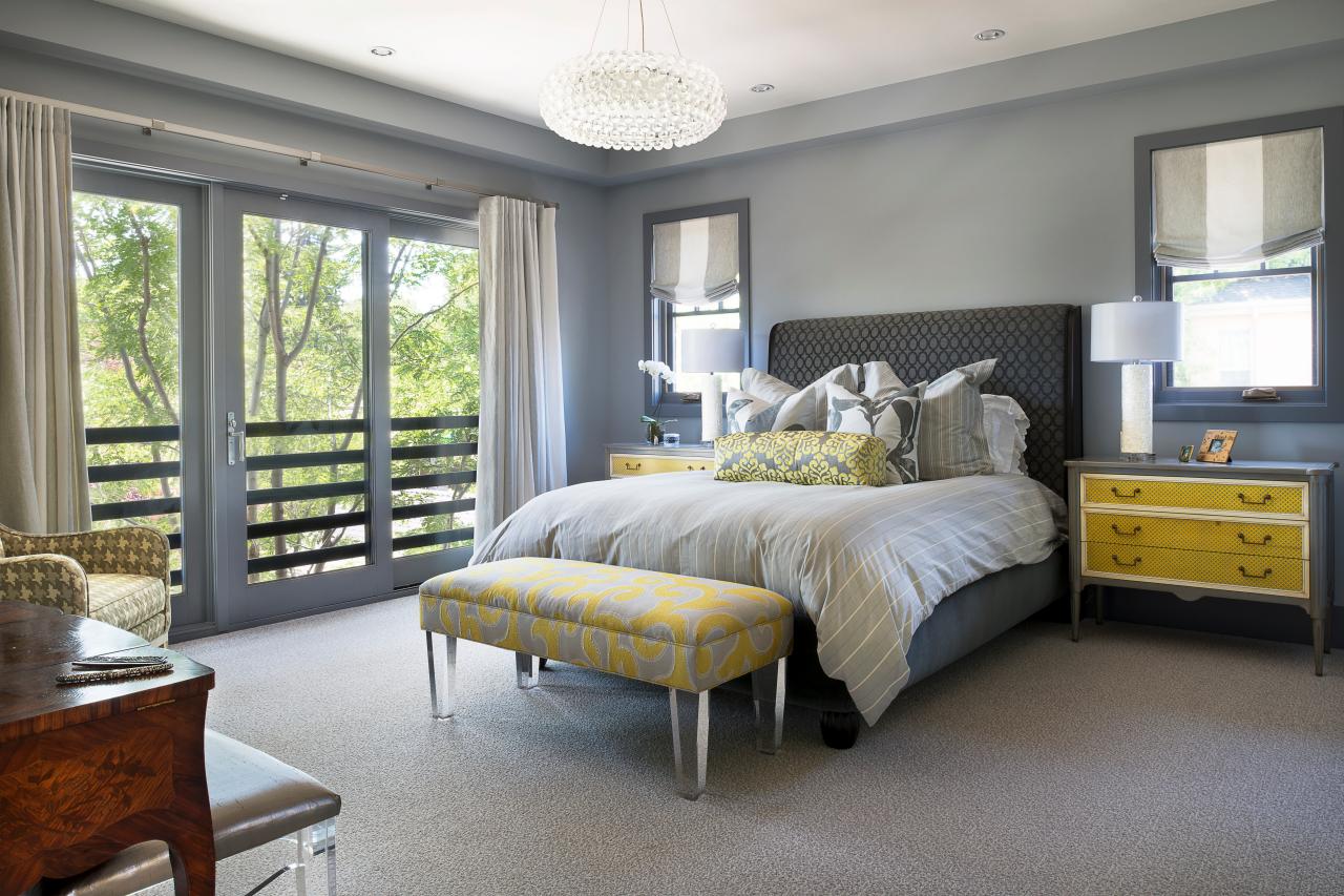 Gray and Yellow Master Bedroom with Upholstered Headboard ...