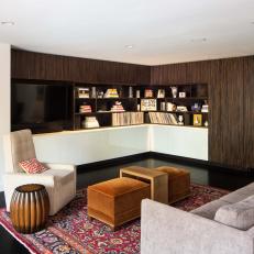 Contemporary, Comfortable Sitting Room Features Inset Bookshelves