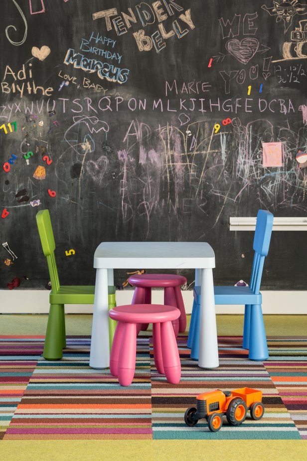 Chalkboard Wall and Small Kid Table in Playroom