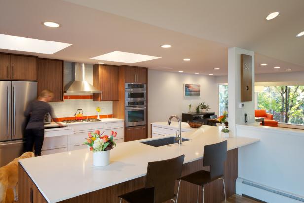 White Midcentury Modern Kitchen With Brown & White Cabinets