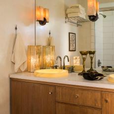 Loft Bathroom Features Onyx Vessel Sinks & Sconces