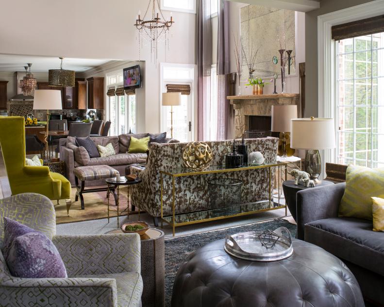 Neutral Transitional Living Room With Gray, Green & Purple Accents