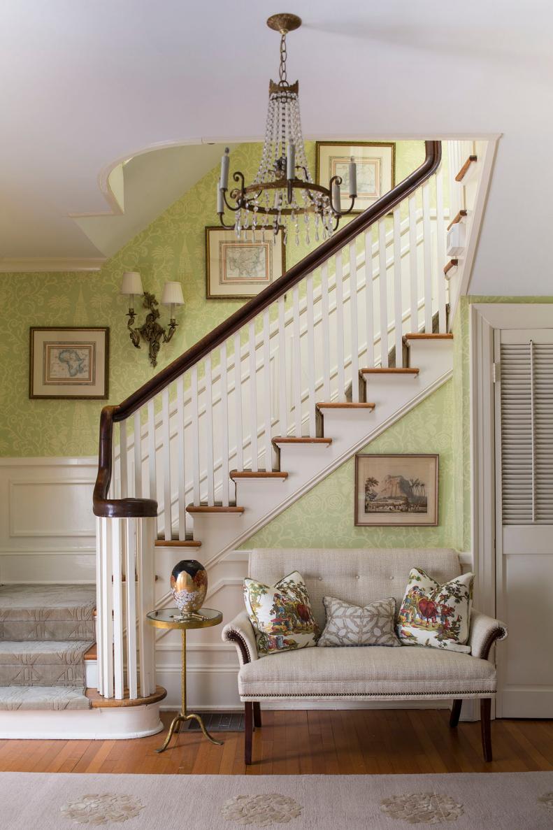 Traditional Green Foyer With Staircase
