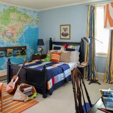 Transitional Boy's Bedroom Boasts World Map Accent Wall