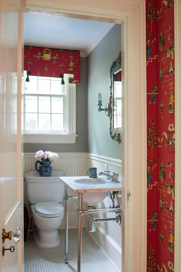 Charming Gray Powder Room Boasts Console Sink Hgtv Charming Gray Powder Room Boasts Console Sink