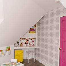 White, Modern Girls Room with Pink Door