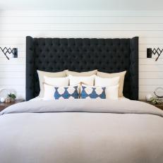 White Cottage Bedroom With Tufted Headboard