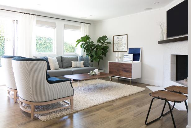 Neutral Midcentury Living Room With Shag Rug | HGTV