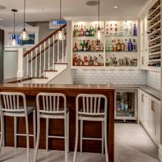 Transitional Basement Bar With Built-In Wine Storage