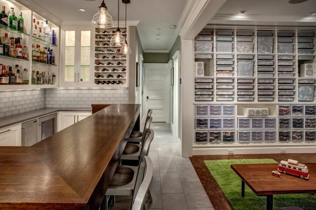 Transitional White Bar and Adjacent Playroom