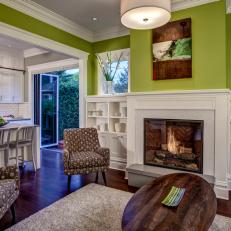 Lime-Green Family Room With Built-In Shelves