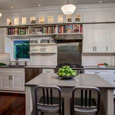 Transitional Eat-In Kitchen With White Subway-Tile Backsplash