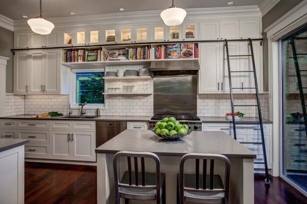 White Transitional Kitchen With White Subway Tile and White Cabinetry