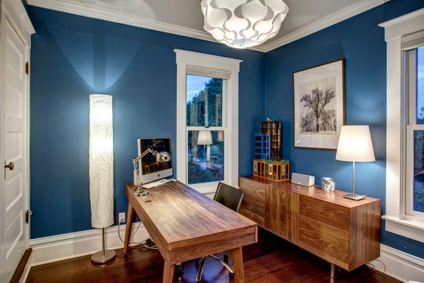 Transitional Office With Royal Blue Walls And Wood Furniture Hgtv
