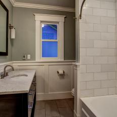 White Tile Shower in Transitional Gray Bathroom