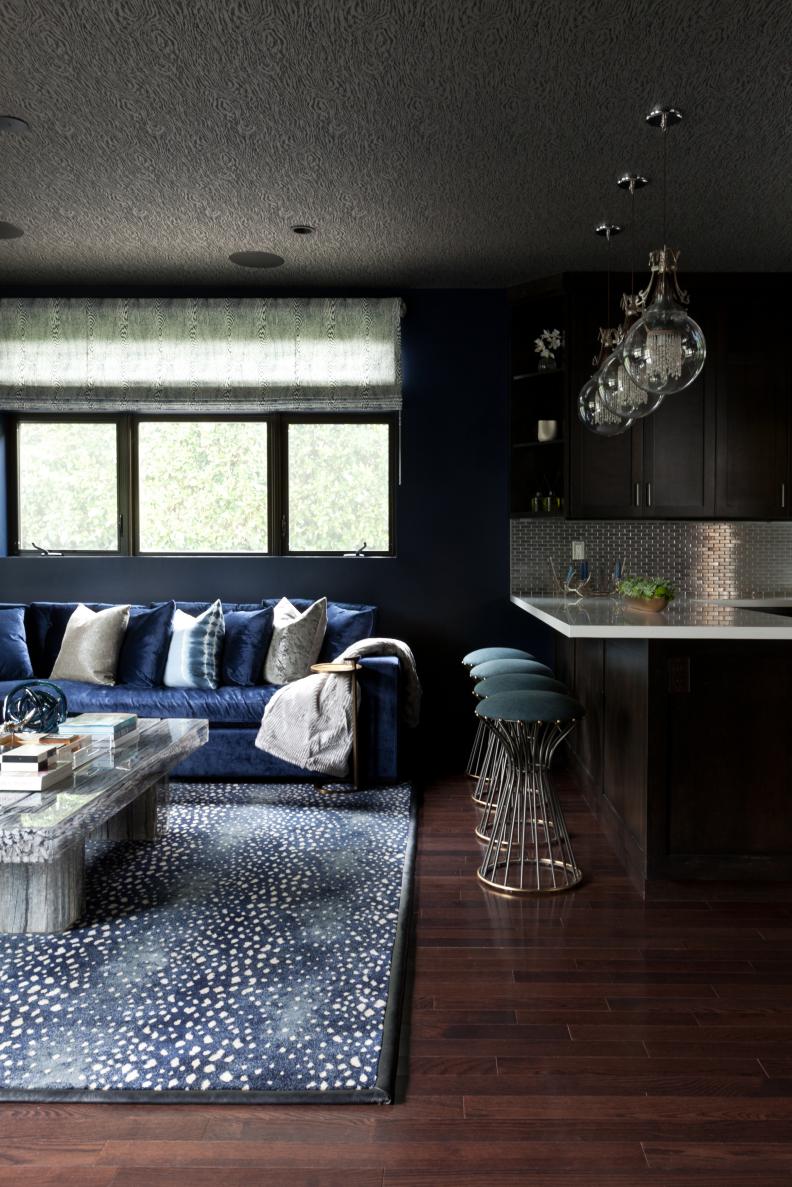 Contemporary Navy-Blue Living Room With Hardwood Floor