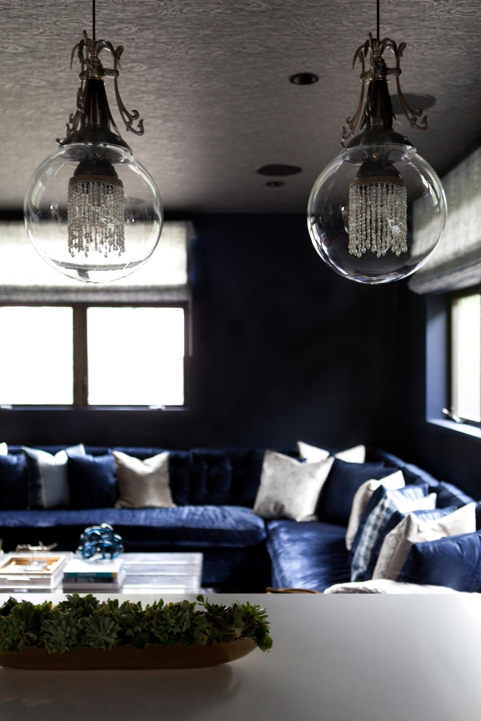 Closeup of Globe Pendant Lights in Transitional Living Room
