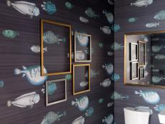 Gray Coastal Bathroom With Playful Fish-Patterned Wallpaper