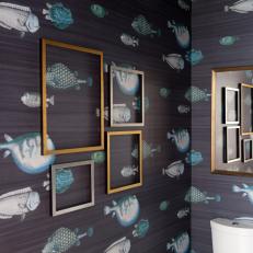 Coastal Bathroom With Fish-Patterned Gray Wallpaper