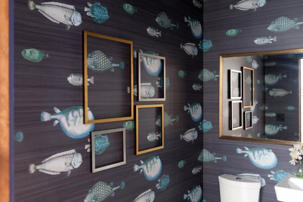 Gray Coastal Bathroom With Playful Fish-Patterned Wallpaper
