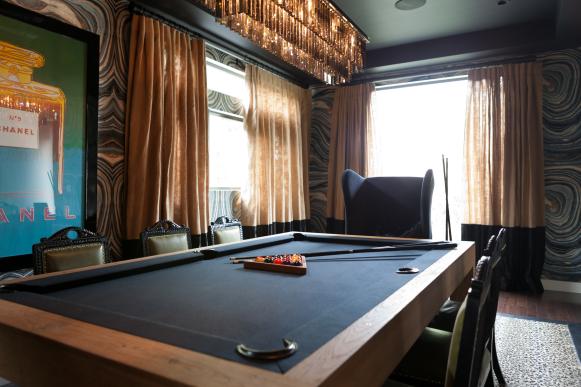 Eclectic Game and Dining Room With Black-Felt Pool Table