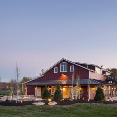 Exterior of Gorgeous Red Party Barn With Open Yard