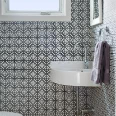 Blue and White Powder Room With Wallpaper