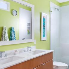 Green Contemporary Bathroom With Striped Towels