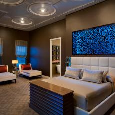 Master Bedroom with Custom, Lighted Laser-cut Wood Panel above the Bed