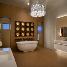 Modern Spa Master Bathroom with Crystal Chandelier, Floating Vanity and Soaking Tub