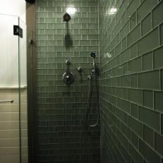 Green Glass-Tile Shower in Poolhouse Bathroom