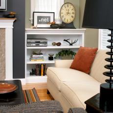 Transitional Living Room With White Built-In Bookshelf 
