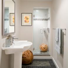 Contemporary White Bathroom with Tile Floor and Decorative Wood Elements