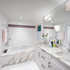 White Contemporary Bathroom with Carrera Marble Bathtub Surround and Vanity Top