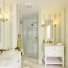 Neutral Transitional Guest Bathroom With Striped Walls