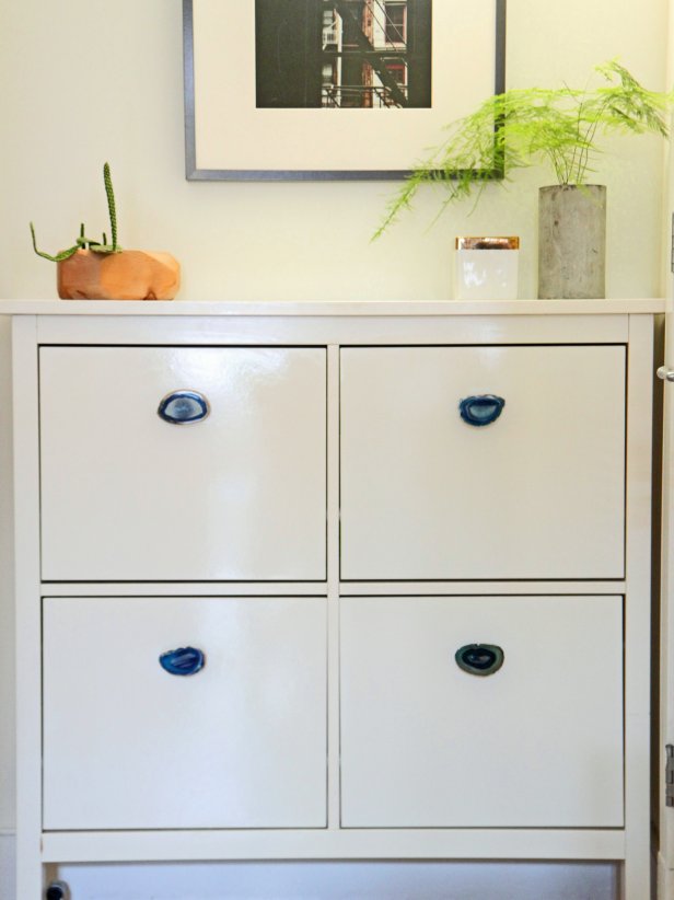 Dress up an plain dresser with agate or other gemstone knobs.