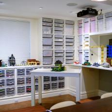 Basement Playroom Wall-to-Wall Lego Storage With Desk