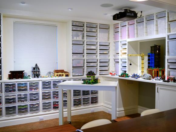 Lego Storage With Built-In Desk in Basement Playroom