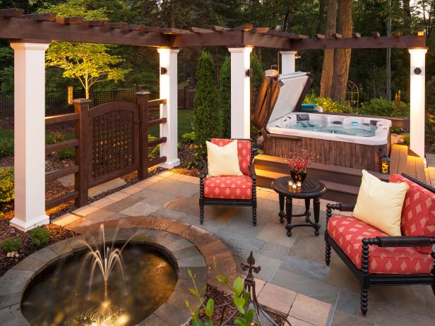 Pergola Patio with Water Fountain, Hot Tub and Shower