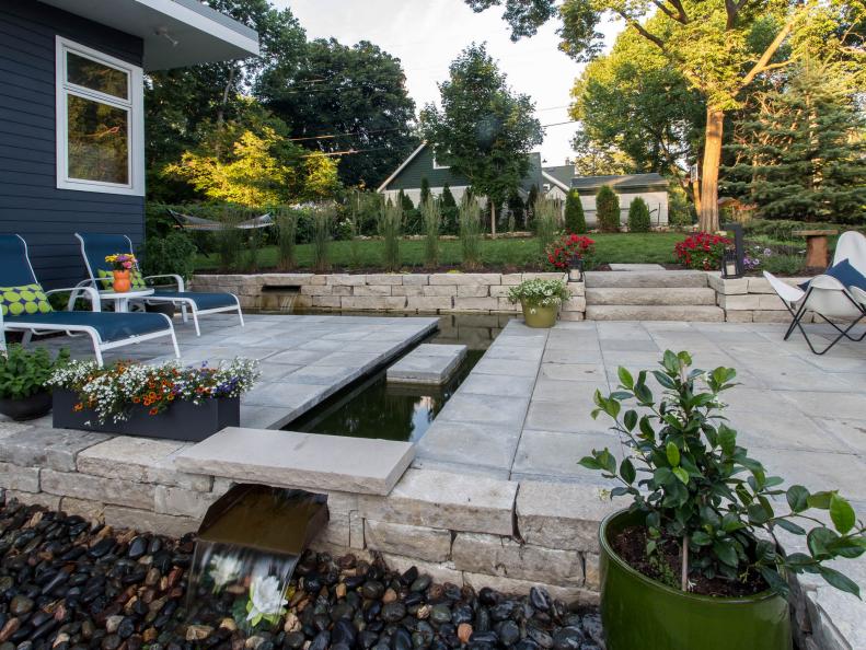 Modern Patio with Stone and Water Channel