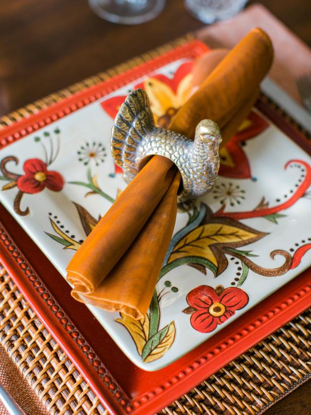 Bright Fall Table Setting With Turkey Napkin Ring