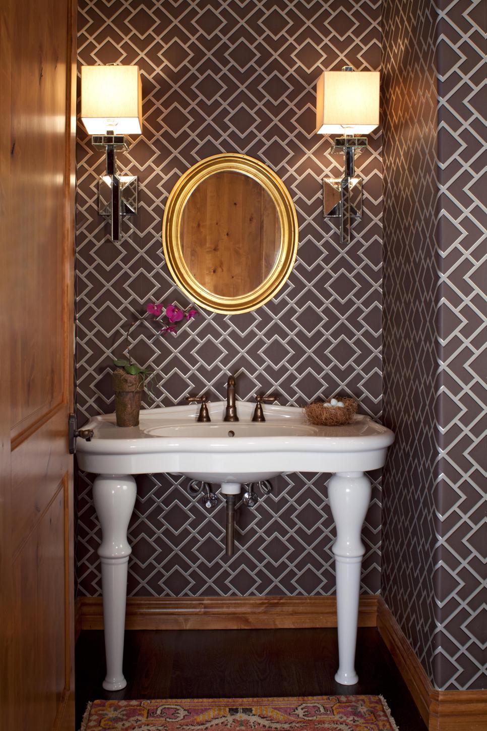 Powder Room With Brown Graphic Wallpaper | HGTV