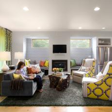 White, Modern Living Room with Bold Color, Pattern